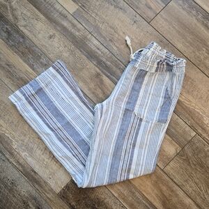 April Kiss Women's Blue White Striped Linen Cotton Pants Drawstring.